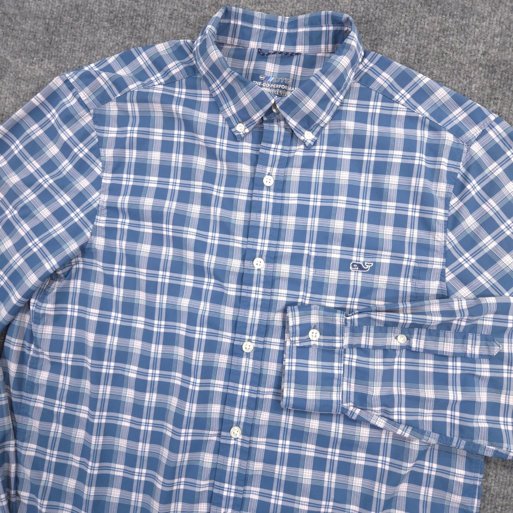 Vineyard Vines On The Go Performance Shirt Mens M Blue Plaid OTG Long Sleeve
